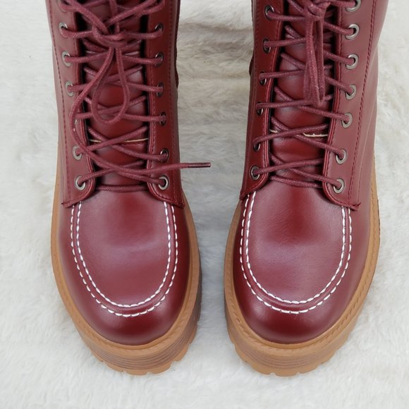 Light Weight Cherry Wine Wood Look Chunky Platform Combat Boots - Picture 5 of 10